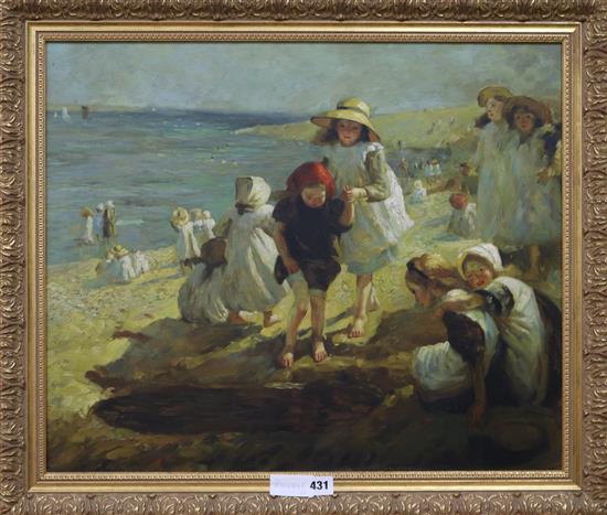 English School Children on the beach 19.5 x 23.5in.